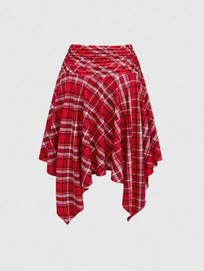 Falda mini plisada asimétrica de cuadros vintage Y2K para mujer
