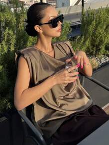 DAZY Áo thun satin rộng vai trễ vai màu trơn thanh lịch cho nữ - Màu Khaki - Xem 2