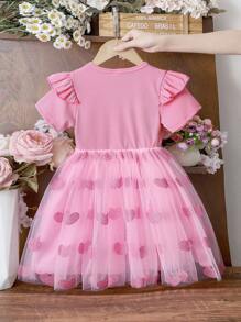SHEIN Young Girl Pink Knit Patchwork Tulle Dress, Cap Sleeves, Candy Color Floral Waist Embellished, Pink Sparkle, Heart Mesh Sweet Princess Dress - Pink - View 2