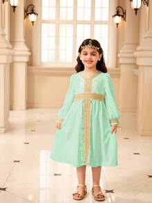 Girls Embroidered & Gold Decor Trim Moroccan,Sage Green Kaftan Long Dress For Autumn Wedding,Elegant Traditional Ramadan Arabic Pakistani Clothes - Green - View 1