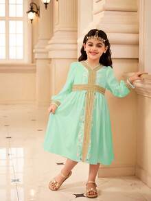 Girls Embroidered & Gold Decor Trim Moroccan,Sage Green Kaftan Long Dress For Autumn Wedding,Elegant Traditional Ramadan Arabic Pakistani Clothes - Green - View 4