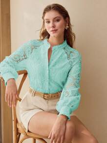 MOTF GUIPIURE LACE RAGLAN SLEEVE BLOUSE - Mint Green - View 6
