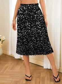 SHEIN VCAY Falda plisada casual con estampado todo sobre para mujeres - Multicolor - Ver 4