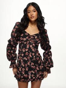 MISSGUIDED Puff Sleeve Mini Dress Vintage Floral Print Ruched Sweetheart Neckline Ruffle Hem Fall Winter Party Holiday Gatherings - Multicolor - View 1