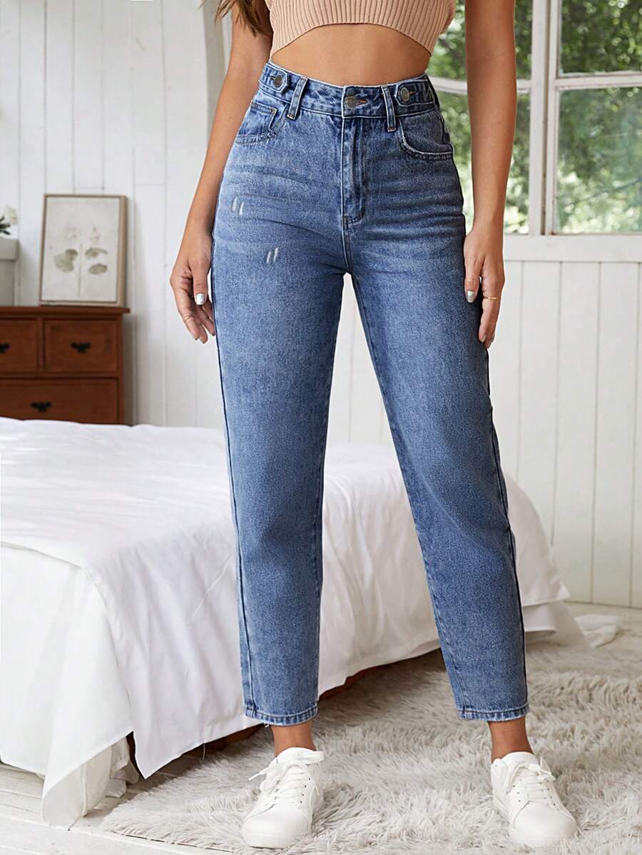 EURMUSE 100%Cotton Women Casual High Waist Mom Fit Jeans - Blue - View 1