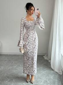 Modelyn Robe moulante à manches longues avec imprimé tissé violet pour femmes - Prune - Voir 6