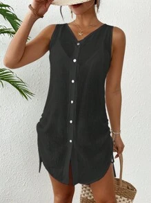 Women Solid Color V-Neck Single-Breasted Sleeveless Kimono Dress For Summer Beach Vacation - Black - View 5