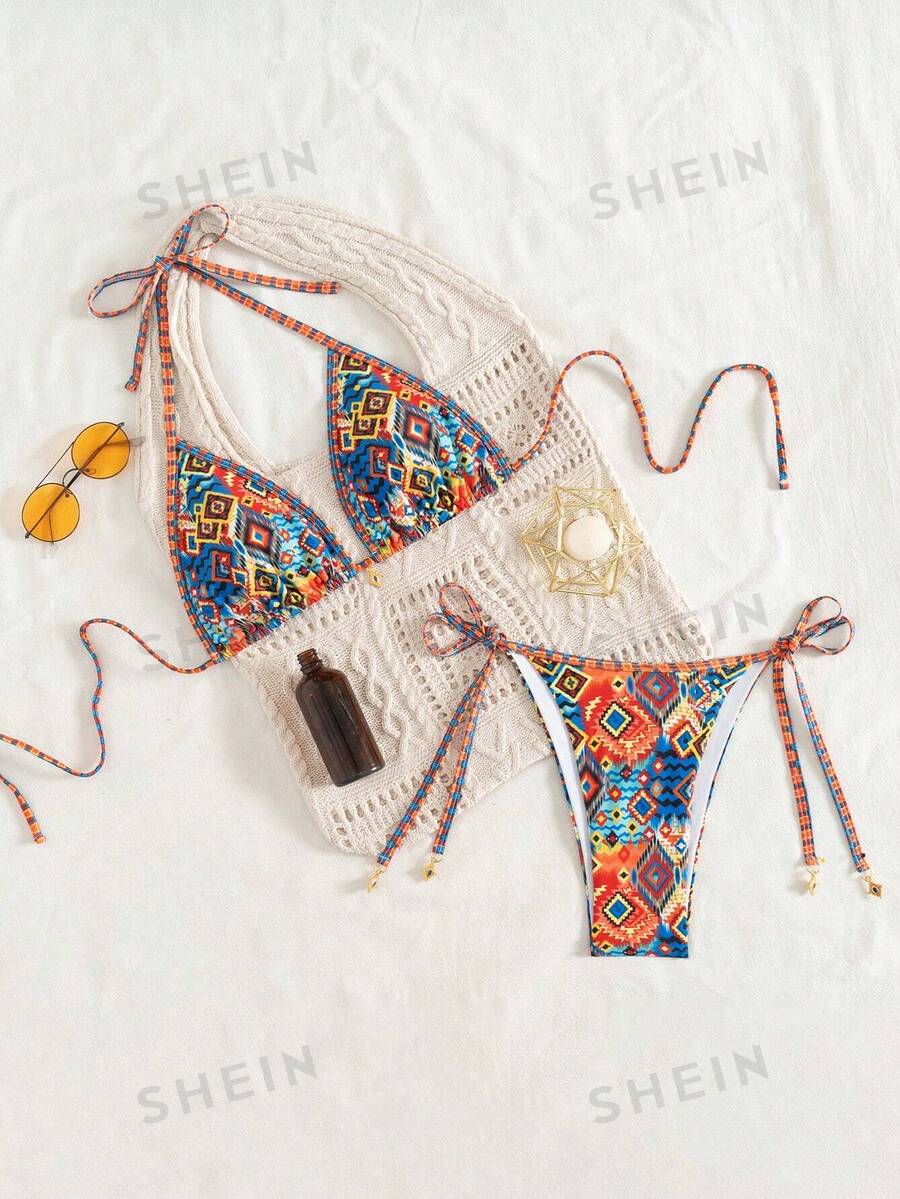 SHEIN Swim Conjunto de bikini de playa nuevo para mujer, conjunto de bikini con estampado geométrico de contraste de color y cordón, con dije premium de metal