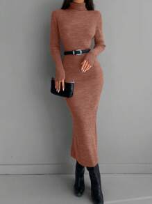 EURMUSE High Neck Ribbed Knit Jumper Dress Without Belt - Pink - View 6