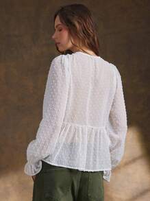 WESTFADE Clip Dot Chiffon & Lace Cute Bow Tie Front Long Sleeve Ruffle Peplum Poet Blouse For Spring Break Summer Beach Vacation - White - View 4