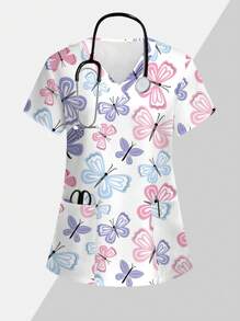 PopScrub Cute Cartoon Colored Butterfly Print Scrub Uniform Top  Print V Neck Frosted Scrub Top, Casual Short Sleeve Work Wear, Women Sweetheart V-Neck Ruched Blouse, Women Short Sleeve V-Neck Nurse Uniform Shirt With 2 Pockets, Soft Stretchy Ruched Graphic Tee V-Neck Short Sleeve Blouse For Lady Wear Women's V-Neck Short Sleeve Double Pocket Cute Cartoon Animal Pink Heart Rabbit Print Simple Nurse Uniform Set/Doctor Work Uniform Set/ Examination & Surgery Uniform Set/Solid Color Pet Grooming Work Uniform Set/Nutritionist Work Uniform Short Sleeve Set/Functional Multi-Pocket Lab Work Uniform Top