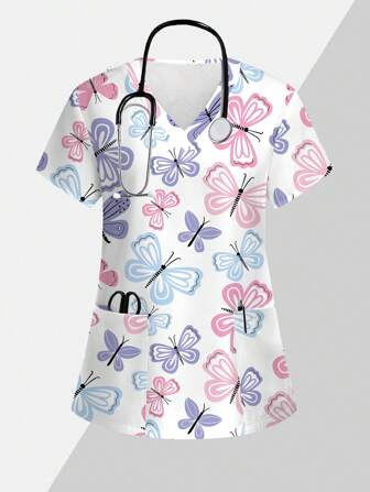PopScrub Uniforme da infermiera con stampa a farfalle colorate e carina