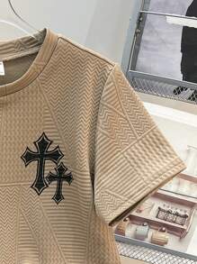 2pcs Tween Boys Casual Versatile Textured Mesh Fabric Round Neck Shorts Set, Suitable For Commuting, School, Daily Casual Wear, Sports, Spring/Summer - Khaki - View 6