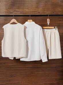 3pcs/Set Solid Color Business Suit Including Vest, Shirt, And Shorts, Suitable For Daily Wear, Commuting, Festivals And Formal Occasions - Khaki - View 2