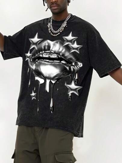 Grunge Punk Men's Street Metal Lip Print Vintage Distressed Short Sleeve T-Shirt