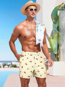 Surfspeed 男式抽绳腰樱桃条纹印花口袋沙滩短裤 - 米色 - 查看 4