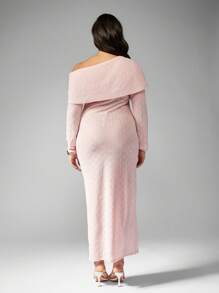MISSGUIDED PLUS Plus Size Off-Shoulder Textured Knit Bardot Maxi Dress Elegant Long Sleeve Winter Formal Wedding Guest Party Occasion Fall Holiday Special Events - Baby Pink - View 2