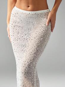 MISSGUIDED Sequin Evening Maxi Skirt Form-Fitting Party Wedding Guest Floor Length Long Sparkle Formal Special Occasion Holiday Winter Skirt - White - View 4