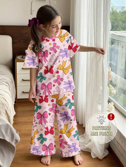 SHEIN 花卉蝴蝶印花休闲简约风格圆领短袖长裤睡衣套装适合青少年女孩，夏季