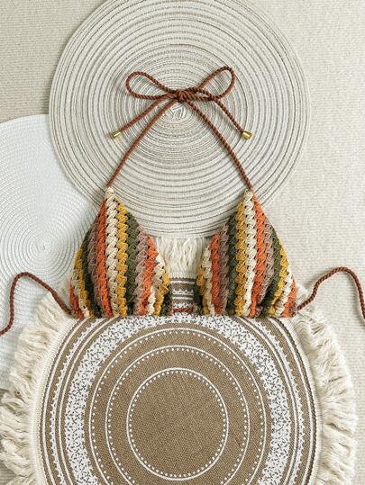 Swim Vcay Crochet Knit Rope Halter Neck Bikini Top, Perfect For Beach Vacation, Summer