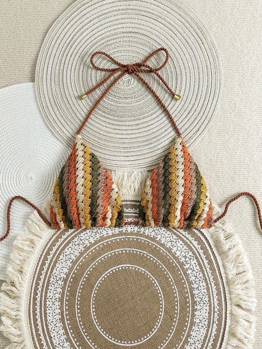 Swim Vcay Crochet Knit Rope Halter Neck Bikini Top, Perfect For Beach Vacation, Summer - Multicolor - View 1