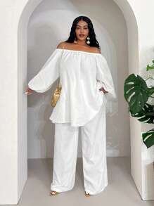 Veslaya Plus Size Loose White Long Jumpsuit, Open Shoulder Early Spring Vacation Casual - White - View 5