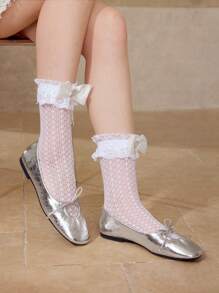 MOTF PREMIUM WOMEN'S BOW DECOR HEART RHINESTONE DETAIL LACE SOCKS - White - View 7