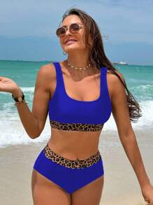 SHEIN Swim Leopard Print Patchwork Tankini Swimsuit - Blue - View 5