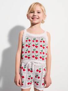 SHEIN 2pcs White Cherry Pattern Knitted Vest And Knitted Shorts Sets For Young Girls - White - View 1