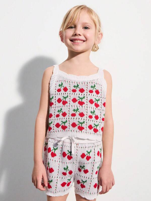 THE HAPPY LOOK 2pcs White Cherry Pattern Knitted Vest And Knitted Shorts Sets For Young Girls