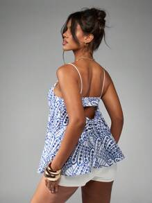 MISSGUIDED Summer Poplin Cami Top Bohemian Paisley Print Frill Babydoll Loose Fit Spaghetti Strap Tank Vacation Beach Resort Wear Blend - White - View 2