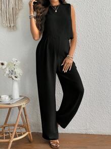 SHEIN 2 件套孕妇法式亚麻无袖上衣和短裤套装，休闲夏季日常穿着 - 黑色 - 查看 4