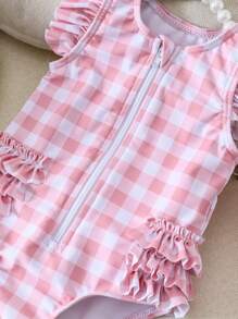 Newborn Baby Pink Plaid Random Print Swimsuit & Swim Cap Set - Baby Pink - View 7