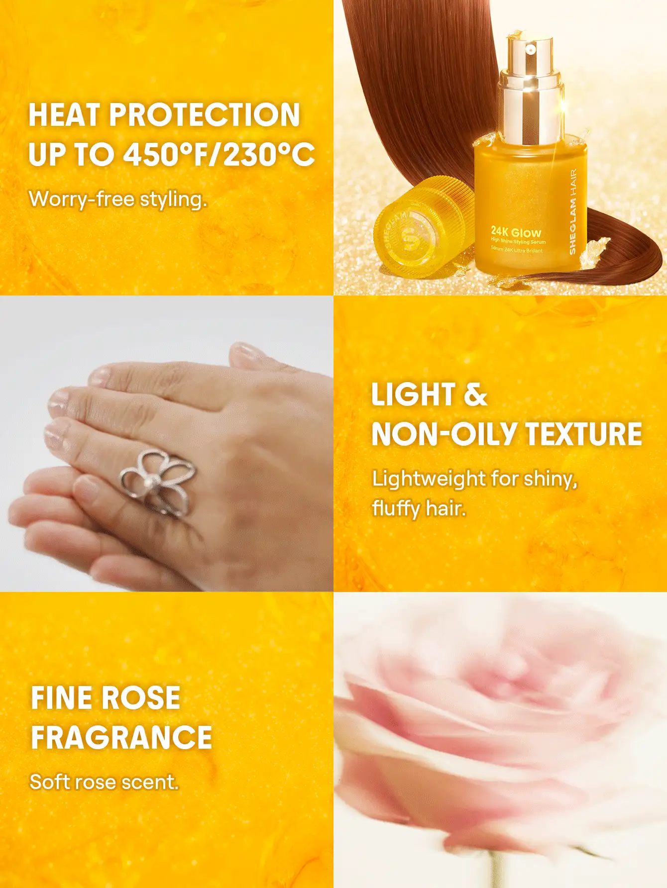 SHEGLAM HAIR 24K Glow 高光澤定型精華液 - 50ml/1.69 FlOz，24K 黃金 10 合 1 護髮日常精華液，用杏仁油和澳洲堅果油軟化頭髮，減少毛躁和損傷，增加光澤 -24KK 輕如空氣，光澤如金發，細膩香水味，適合所有香水味，適合所有香水味 生日 禮物 假期 粉紅色的 氛圍 化妝品 旅行 學校 節慶 玫瑰 展示 女孩 魅力 護髮 母親節 想要 時尚 銳舞派對 - 無色 - 查看 7