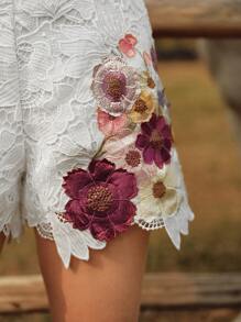 Anewsta Elegant Embroidered Eyelet Floral Lace Transparent White Shorts, Suitable For Vacation, Spring/Summer - White - View 1