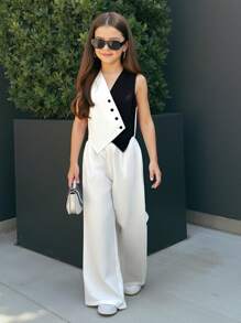 SHEIN Nova Glow Tween Girls Woven Patchwork Sleeveless Tank Top And Straight Leg Pants Set - Black and White - View 1
