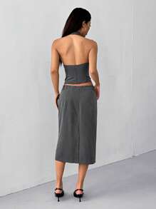 SHEIN EZwear 女士休闲办公装纯色前扣锁眼吊带上衣和裙子 2 件套 - 灰色 - 查看 2