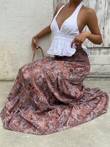 SHEIN Unity Women's Bohemian Printed Skirt, Casual Summer Holiday Daily Wear - Rust Brown - View 4