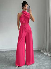 Firerie 2pcs/Set Women Turtle Neck Sleeveless Top And Wide Leg Pants - Hot Pink - View 3