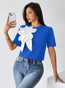 SHEIN Privé Camiseta feminina com estampa floral 3D azul manga curta - Azul Real - Ver 5