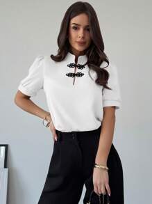 Firerie Women's Elegant Romantic Puff Sleeve Contrast Buttons Blouse, Spring/Summer, Suitable For Valentine's Day - White - View 4
