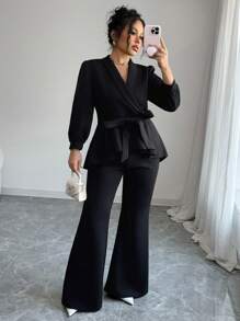 INAWLY 2 pezzi Set di giacca e pantaloni con volant eleganti e manica lunga per donna taglia grande