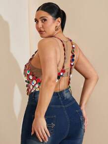 SHEIN BAE Plus Size Women's Party Crop Top, Woven Fabric, Spaghetti Strap, Contrast Sequin, Red Color - Red - View 2