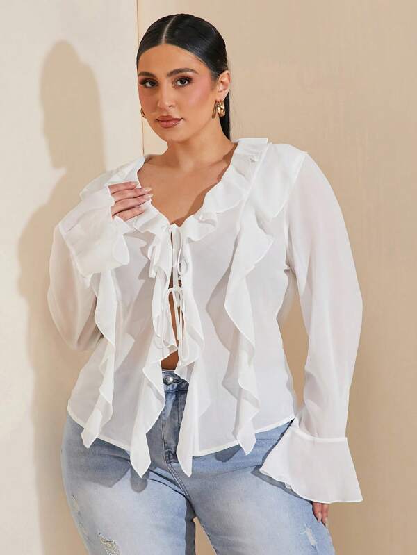 SHEIN BAE Plus Size Fall Elegant Sweet Sexy Women White Chiffon Ruffles Decoration Fit Long Sleeve Top Shirt Daily Wear See-Through