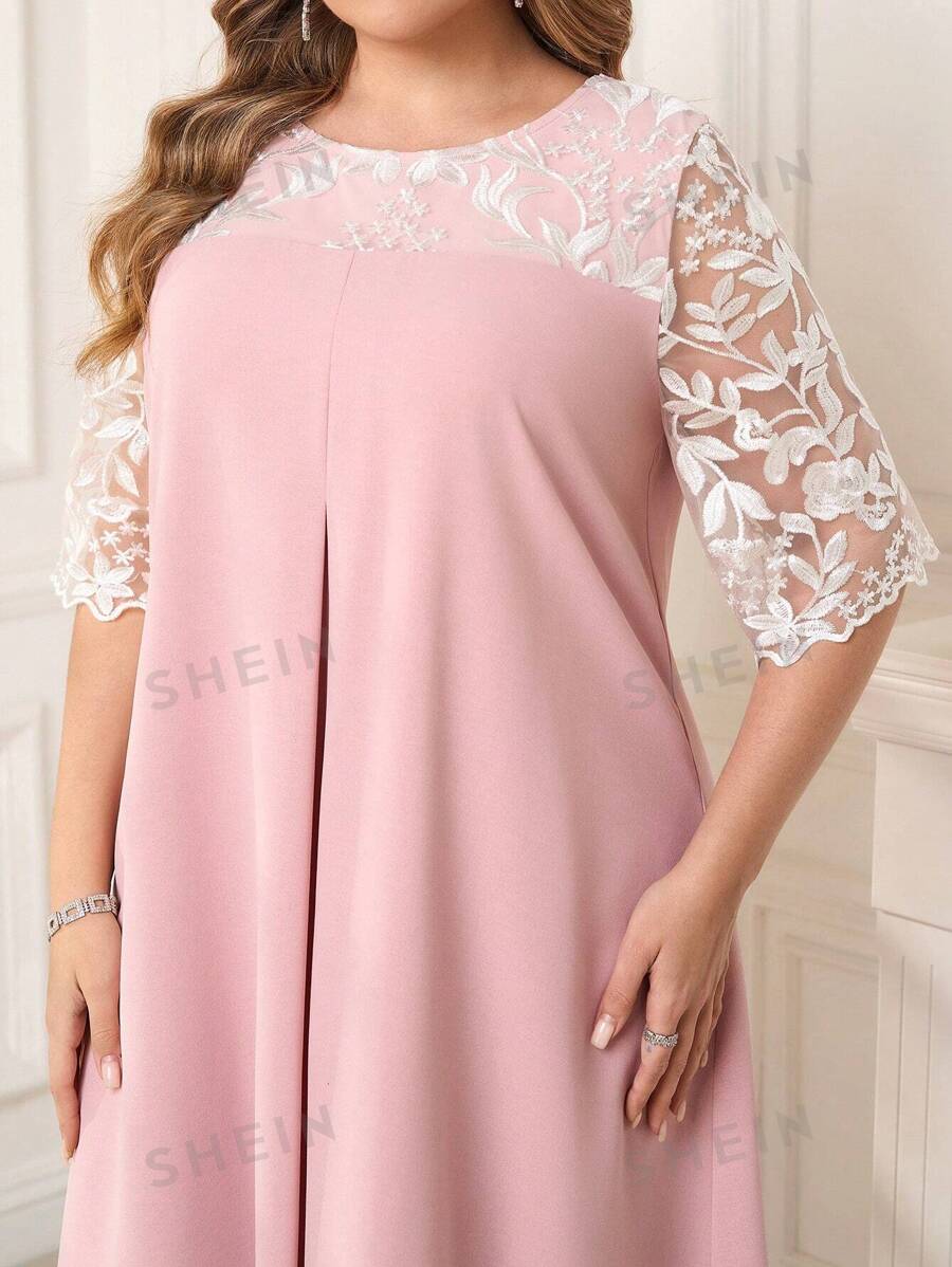 SHEIN Clasi Vestido de mujer de talla grande elegante con bordado, patchwork y bloque de color sin mangas, para uso romántico y casual, vestidos de primavera/verano para mujeres, vestido de verano, vestido rosa, vestidos de talla grande, vestidos para mujer, vestido elegante rosa para mujer, vestido fluido, vestidos para fiesta de mujer, vestidos midi para mujer, vestidos de talla grande para mujer, vestidos de verano para mujer, vestidos modestos para mujer, vestido de encaje