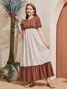 Teenage Girls Pattern Short Sleeve Casual Dress, Comfortable Fabric, Suitable For Summer - Multicolor - View 1