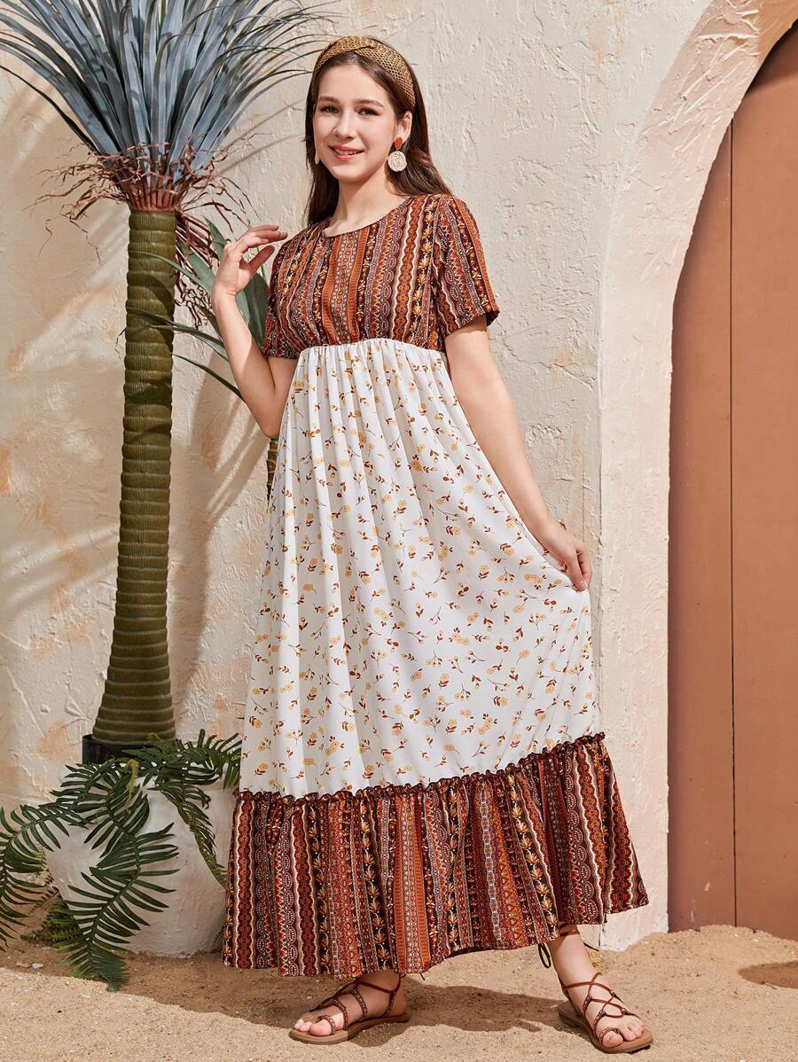 Teenage Girls Pattern Short Sleeve Casual Dress, Comfortable Fabric, Suitable For Summer - Multicolor - View 1
