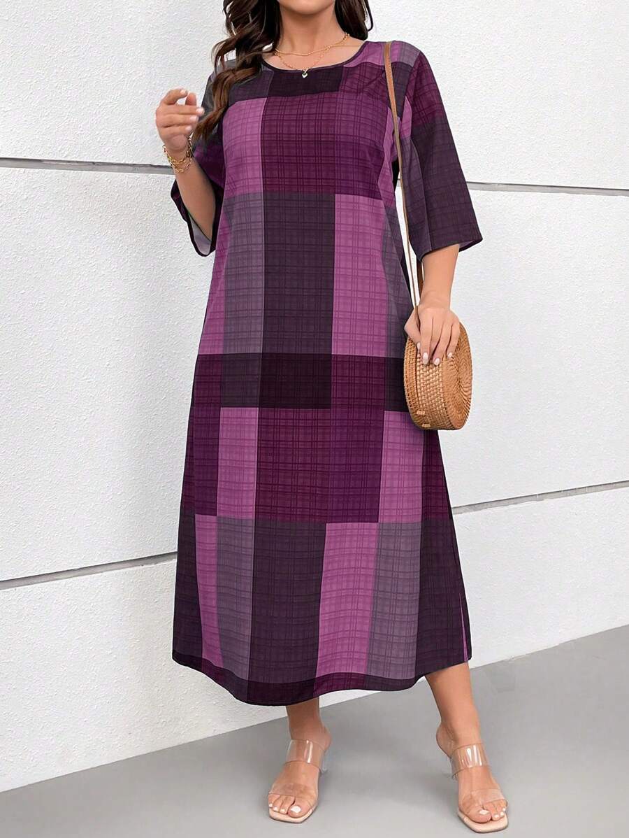 SHEIN LUNE Váy mùa hè thường ngày dài đến bắp chân, họa tiết kẻ caro & in kỹ thuật số cỡ lớn dành cho nữ, cổ chữ V, tay áo 3/4, mặc ở nhà & nghỉ dưỡng - Màu tím - Xem 1