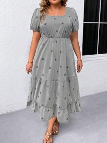 Breezaya Plus Size Women's Floral Print Square Neckline Summer Dress With Cinched Waist Maxi Women Outfit
