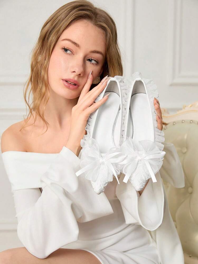 CUCCOO HITCHD Pointed Toe Low Heeled Pearl Lace White Wedding Shoes, Elegant Women's High Heel Pumps